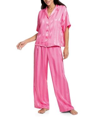 MIDNIGHT BAKERY Stripe Jacquard Button-Up Top & Pants Pajamas - Pink