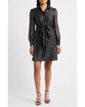 Eliza J Sequin Stripe Long Sleeve Belted Shirtdress - Black