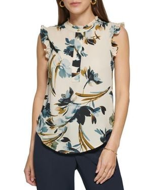 DKNY Floral Ruffle Trim Sleeveless Top - Multicolor