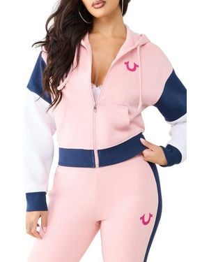 TRUE RELIGION Colorblock Crop Zip Hoodie - Pink