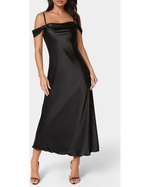Bebe Drape Shoulder Satin Midi Dress - Black
