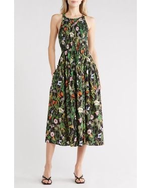 Avec Les Filles Floral Smocked Bodice Linen Blend Midi Dress - Green