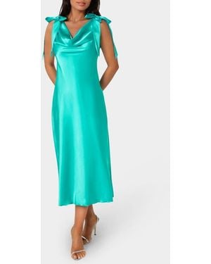 Bebe Shoulder Tie Satin Midi Dress - Blue