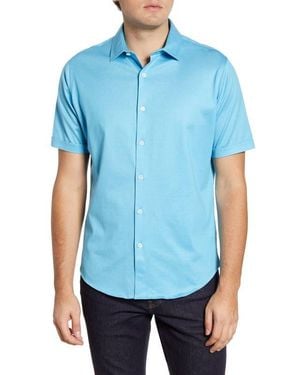 Bugatchi Knit Short Sleeve Button-Up Shirt - Blue