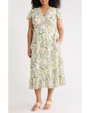 Max Studio Floral Flutter Sleeve Empire Waist Maxi Dress - Green