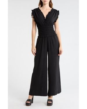 Max Studio V-Neck Smocked Waist Jumpsuit - Black