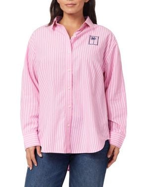 C&C California Alaina Oversize Embroidered Stripe Button-Up Shirt - Pink