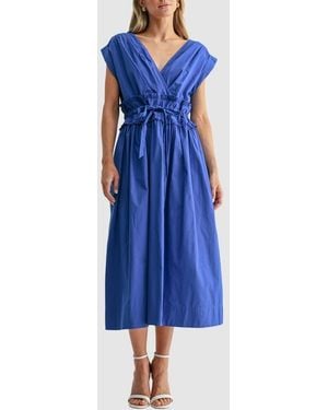 Mila + Mate V-Neck Tie Waist Midi Dress - Blue
