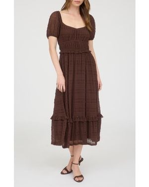 AUGUST SKY Puff Sleeve Tiered Midi Dress - Brown
