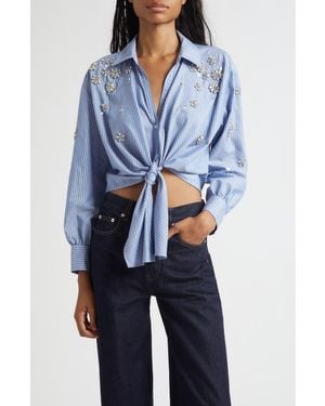 Cinq À Sept Lola Stripe Rhinestone Embellished Tie Front Button-Up Shirt - Blue