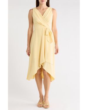 Connected Apparel Tie Belt Faux Wrap High-Low Dress - Metallic