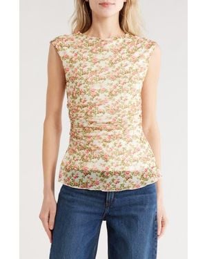 Vigoss Floral Ruched Mesh Top - Natural