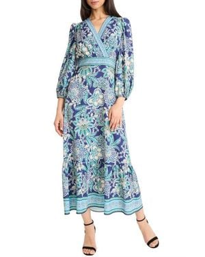 Donna Morgan Print Balloon Sleeve Maxi Dress - Blue