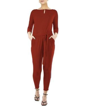 Nina Leonard Three-Quarter Length Sleeve Waist Tie Jumpsuit - Red