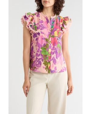 Nicole Miller Floral Ruffle Top - Pink