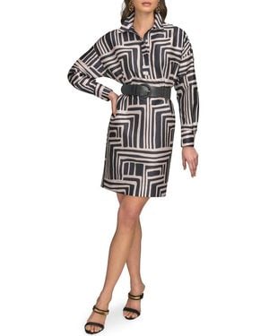 Donna Karan Abstract Print Long Sleeve Belted Shirtdress - Black