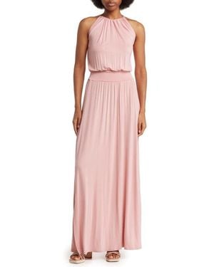 Go Couture Halter Neck Blouson Maxi Dress - Pink