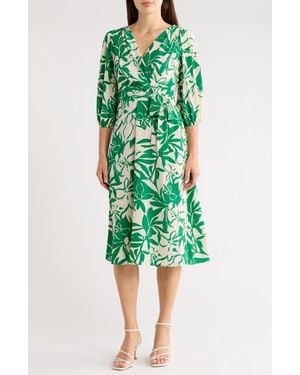 DKNY Balloon Sleeve Faux Wrap Midi Dress - Green