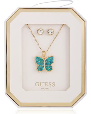 Guess Butterfly Pendant Necklace & Stud Earrings Set - White