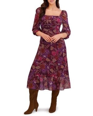London Times Floral Ruched Empire Waist Chiffon Midi Dress - Red