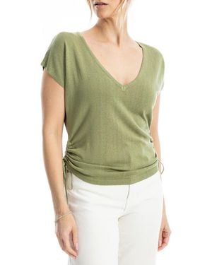 Max Studio Side Ruched Short Sleeve V-Neck Sweater - Green