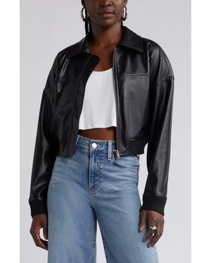 Open Edit Faux Leather Crop Bomber Jacket - Black