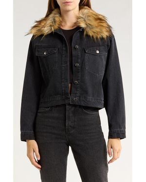 Vigoss Faux Fur Collar Crop Denim Jacket - Black