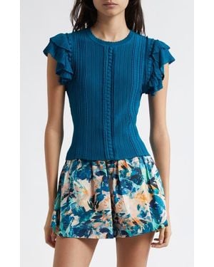 Ulla Johnson Giulia Ruffle Sleeve Rib Top - Blue