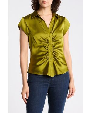 DR2 by Daniel Rainn Ruched Satin Button-Front Cap Sleeve Blouse - Green