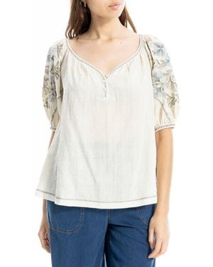 Max Studio Embroidered Puff Sleeve Top - White