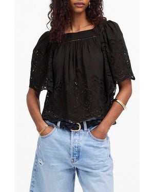 Madewell Eyelet Flutter Sleeve Cotton Blend Top - Black