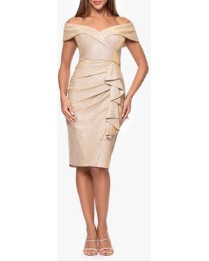 Xscape Evenings Metallic Ruffle Detail Off The Shoulder Cocktail Dress - Natural