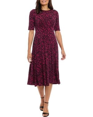 London Times Short Sleeve Inset Waist Fit & Flare Midi Dress - Purple