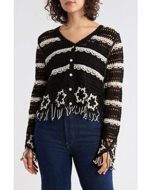 Forgotten Grace Floral Open Knit Button-Up Sweater - Black