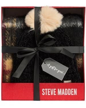 Steve Madden Plaid Scarf & Chenille Beanie Gift Set - Black