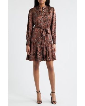 Julia Jordan Tiered Long Sleeve Tie Waist Button Front Satin Dress