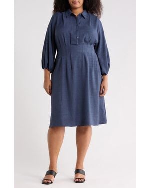 Max Studio Balloon Sleeve Pleated Waist Shirtdress - Blue