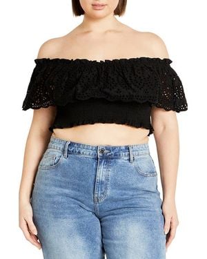 City Chic Jayde Eyelet Overlay Top - Black