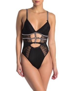 SECRET LACE Lace Front Cutout Thong Bodysuit - Black