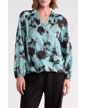 Tahari Long Sleeve Faux Wrap Blouse - Blue