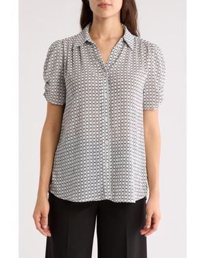Adrianna Papell Patterned Pinch Sleeve Button-Up Shirt - Gray