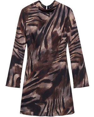 Mango Animal Print Long Sleeve Satin Minidress - Brown