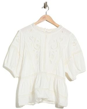 Max Studio Embroidered Short Sleeve Cotton Peplum Top - White