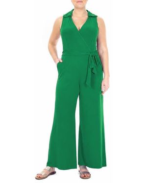 Nina Leonard Solid Tie Waist Jumpsuit - Green