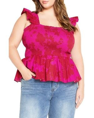 City Chic Marli Flutter Sleeve Smocked Top - Pink