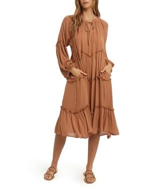 Wishlist Notched Neck Long Sleeve Tiered Dress - Brown