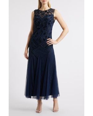 Pisarro Nights Geometric Beaded Sleeveless Gown - Blue