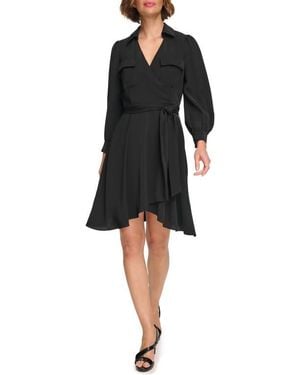 DKNY Long Sleeve Faux Wrap Shirtdress - Black