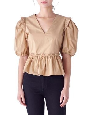 English Factory Puff Sleeve Peplum Cotton Top - Blue