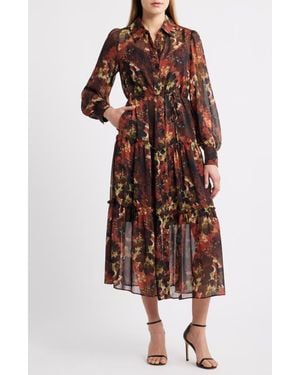 Julia Jordan Floral Long Sleeve Tiered Chiffon Shirtdress - Brown